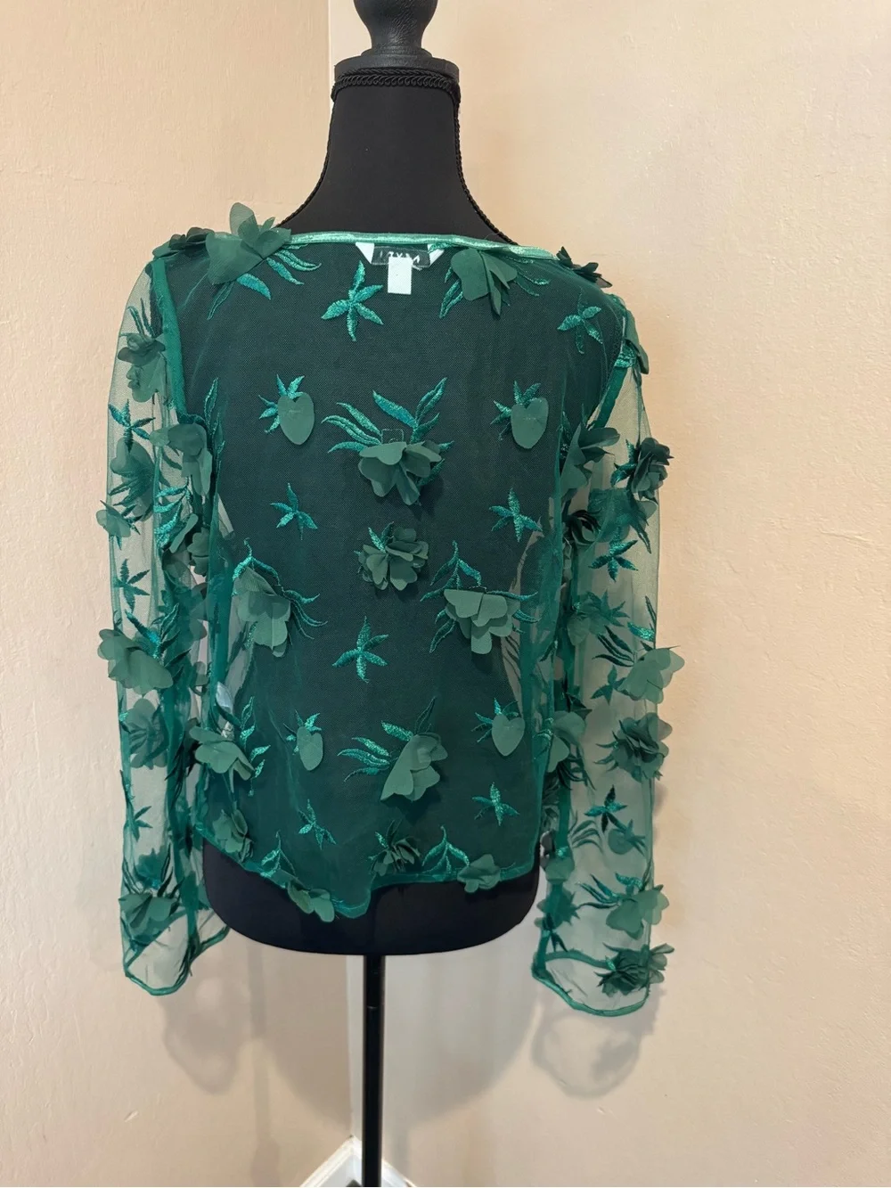 NEXT Green Sheer Floral 3D Appliqué Blouse Poison Ivy / Fairy Flowers - Picture 3 of 7